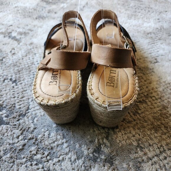 Born Wedge Sandals Women's 9 Blue Fabric Tan Leather Comfort Espadrille Platform - Picture 5 of 9